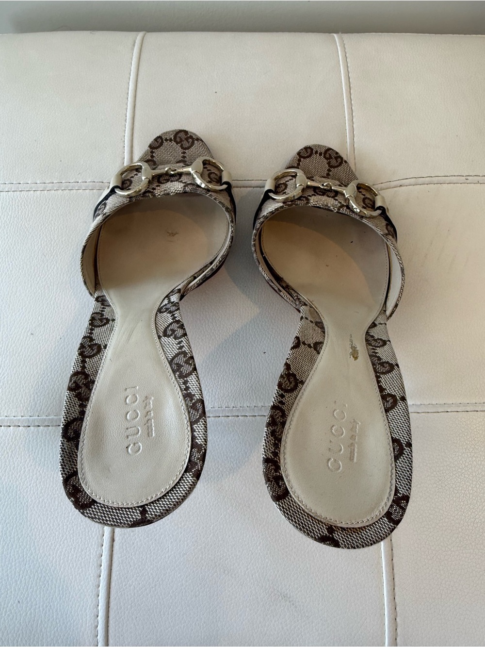 Gucci Beige Brown Monogram Horsebit Stiletto Mules - Picture 3 of 5